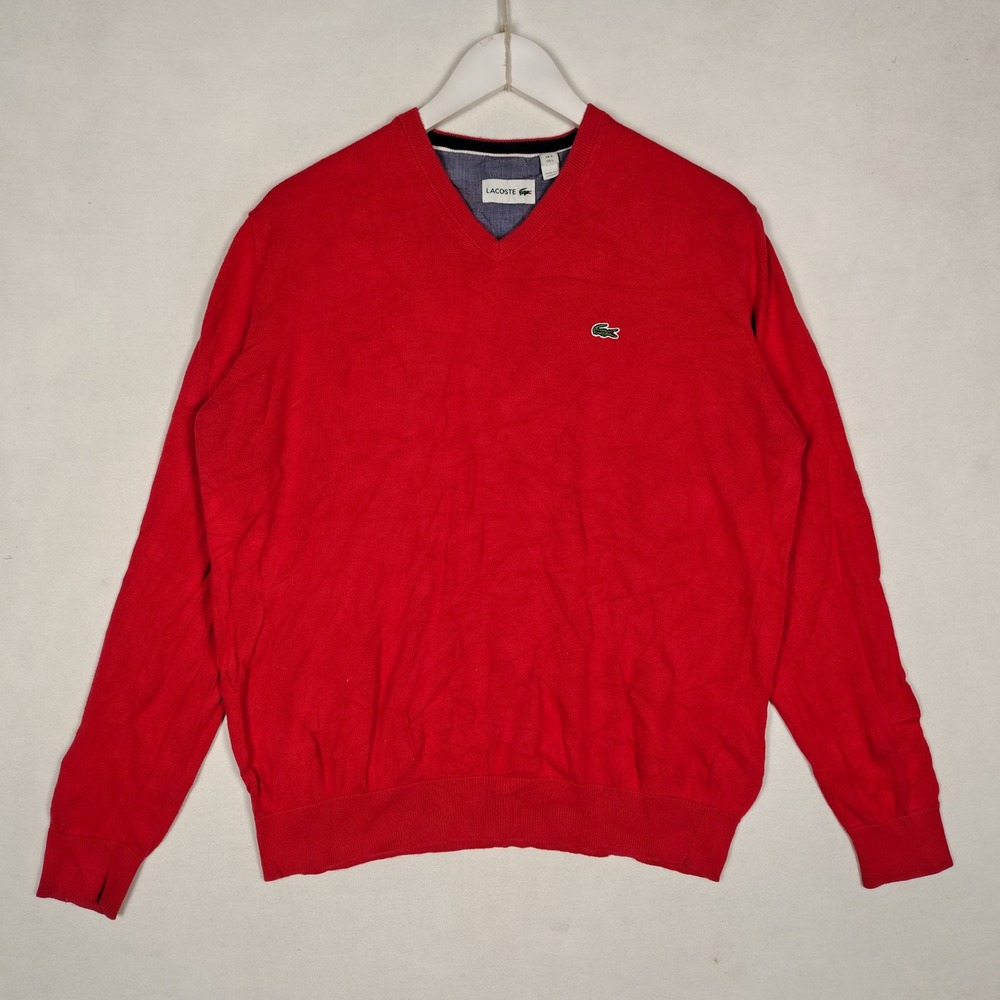 Lacoste V-Neck Cotton Sweater Red FR 5 US L AH0347 Long Sleeve Logo Pullover